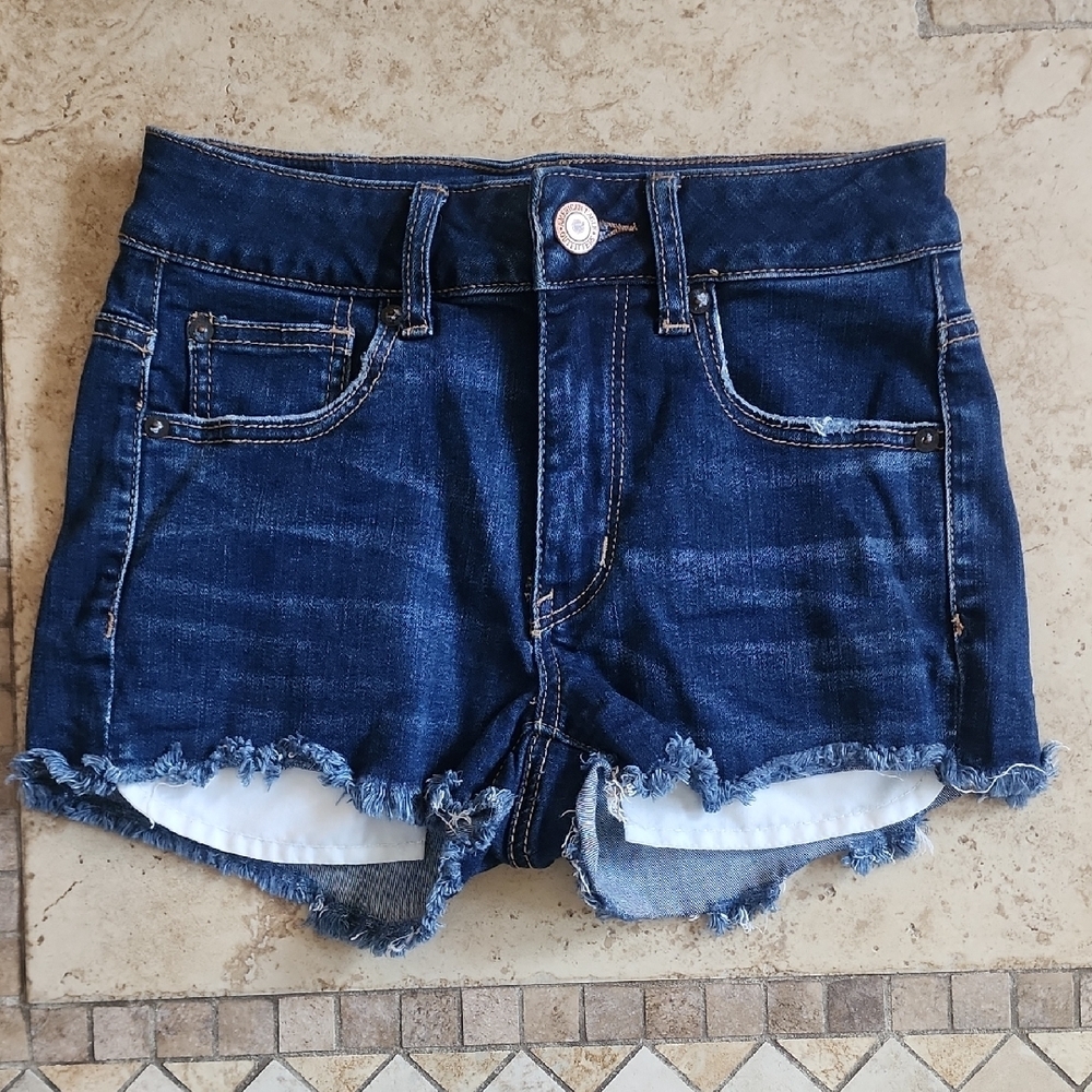 American Eagle Outfitters Dark Blue Frayed Hem Hi Rise Jean Shorts